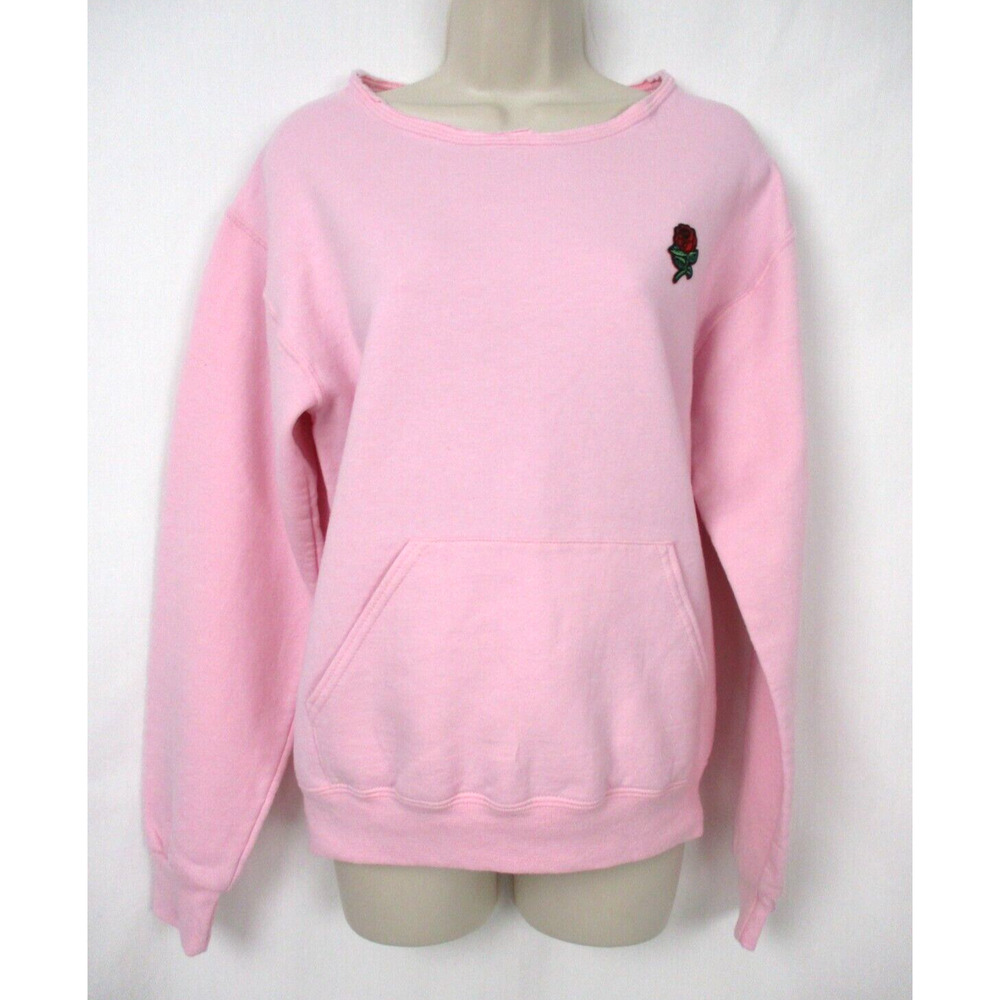 Bowery Supply Co Sweatshirt Top Womens Small Pink Embroidered Pockets Soft Cozy